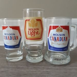 Vintage Molson Canadian lager pilsner beer 2 glasses +  1 mug.